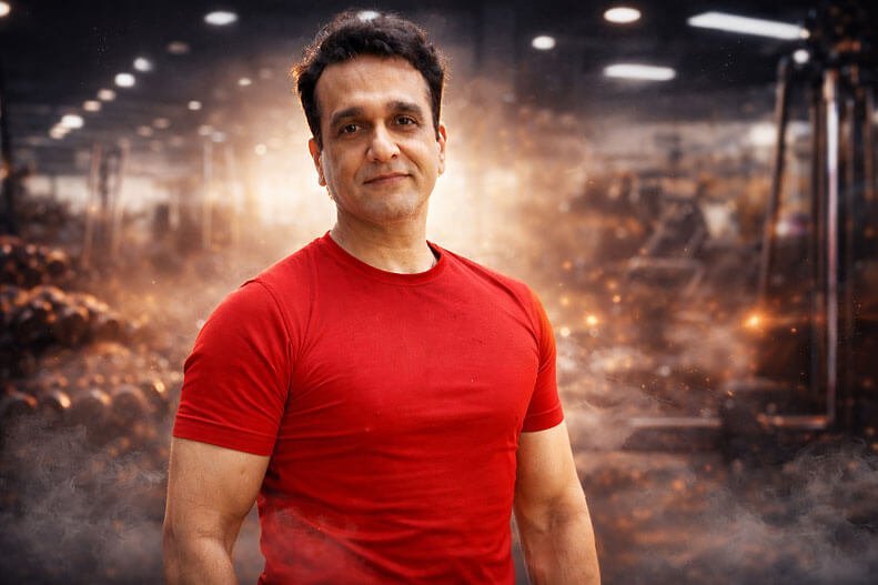 Muscular man over 40 performing strength training workout in gym