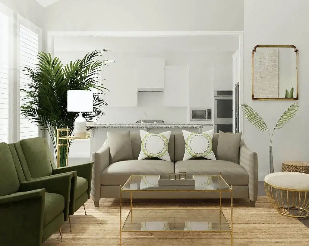 Modern living room interior design in Canada with sofa, plants and natural lighting