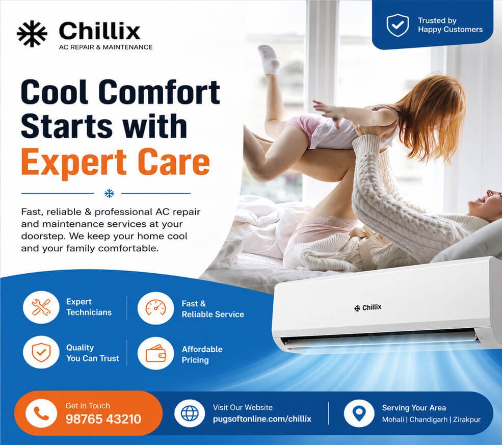 Chillix AC Repair & Maintenance promotional banner showing a happy family enjoying a cool home with fast, reliable, and affordable air conditioner repair and maintenance services.
